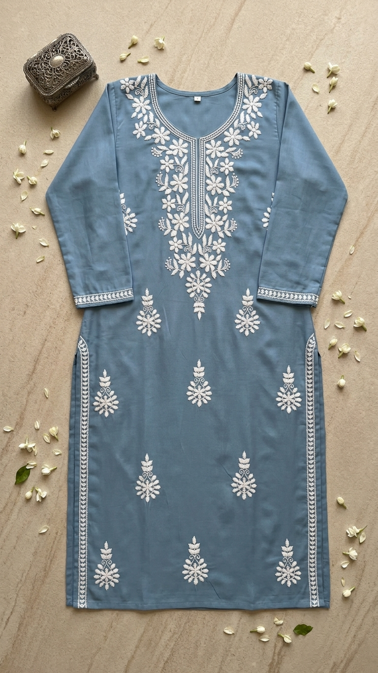 Kurti en rayonne Chikankari haut de gamme bleue avec broderie contrastée faite à la main