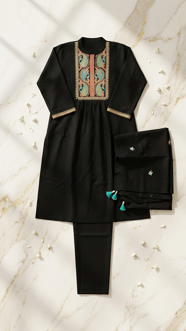 Black Embroidered Pakistani Kurta Set with Dupatta | 3-Piece Ethnic Suit | Festive & Casual Wear for Women