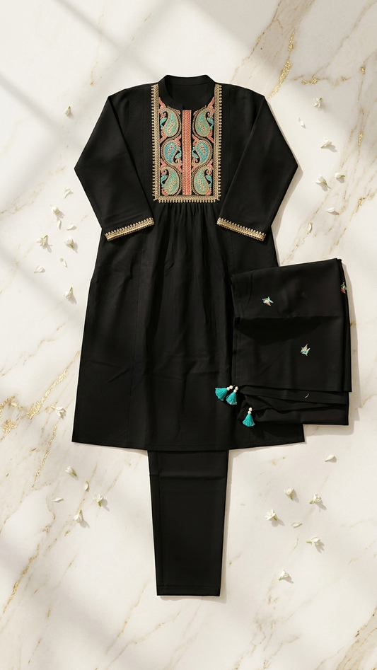 Black Embroidered Pakistani Kurta Set with Dupatta | 3-Piece Ethnic Suit | Festive & Casual Wear for Women