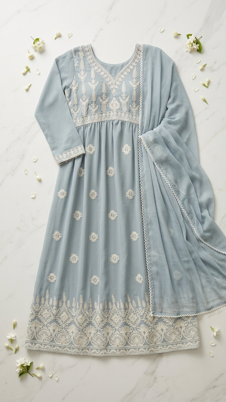 Dusty Blue Embroidered Anarkali Suit Set with Chiffon Dupatta | Pakistani Anarkali Dress for Women | Wedding, Eid & Festive Wear