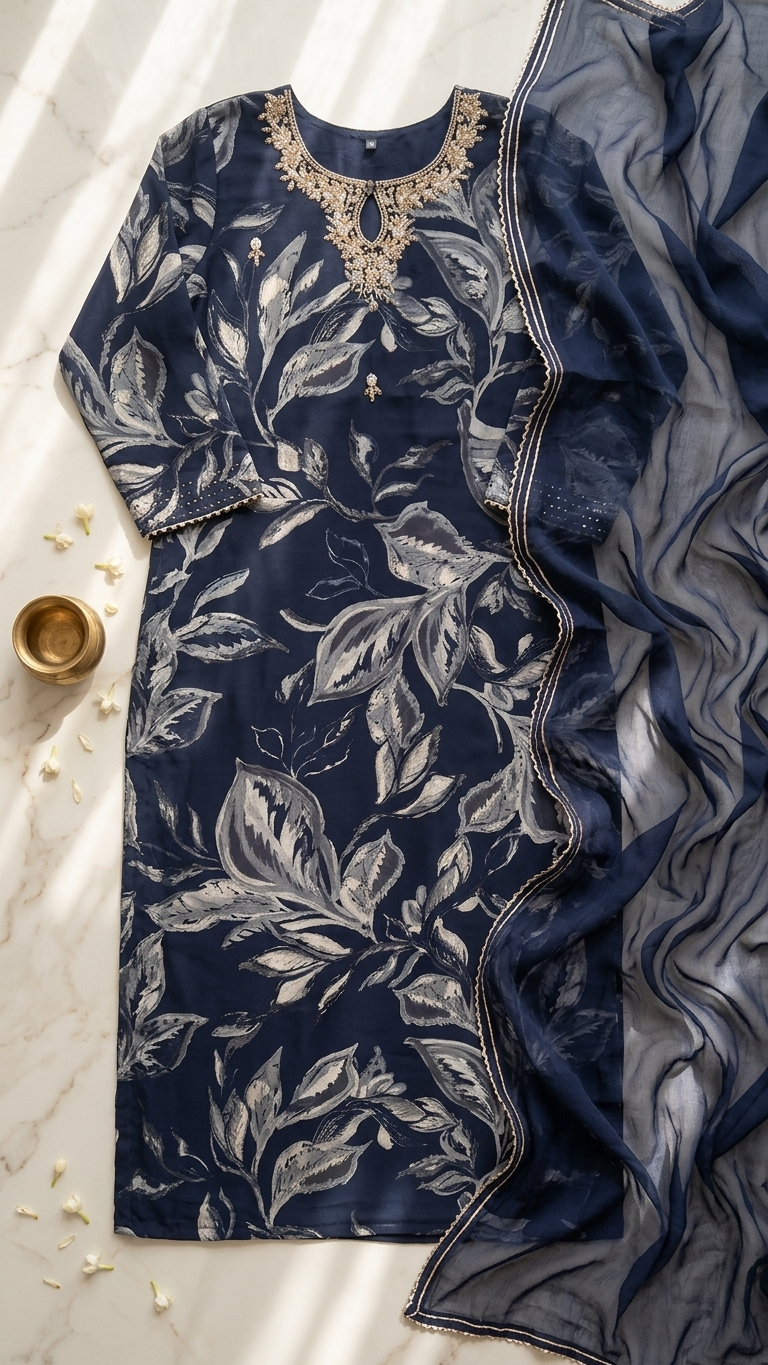Costume 3 pièces en mélange de crêpe de coton noir avec broderie dabka sur l'empiècement du col