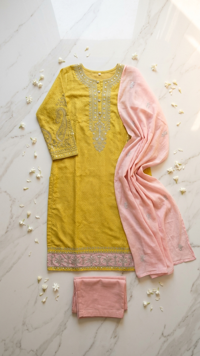 Vibrant Yellow Cotton 3-Piece Suit with Exquisite Detailing and Pastel Peach Dupatta & Bottom