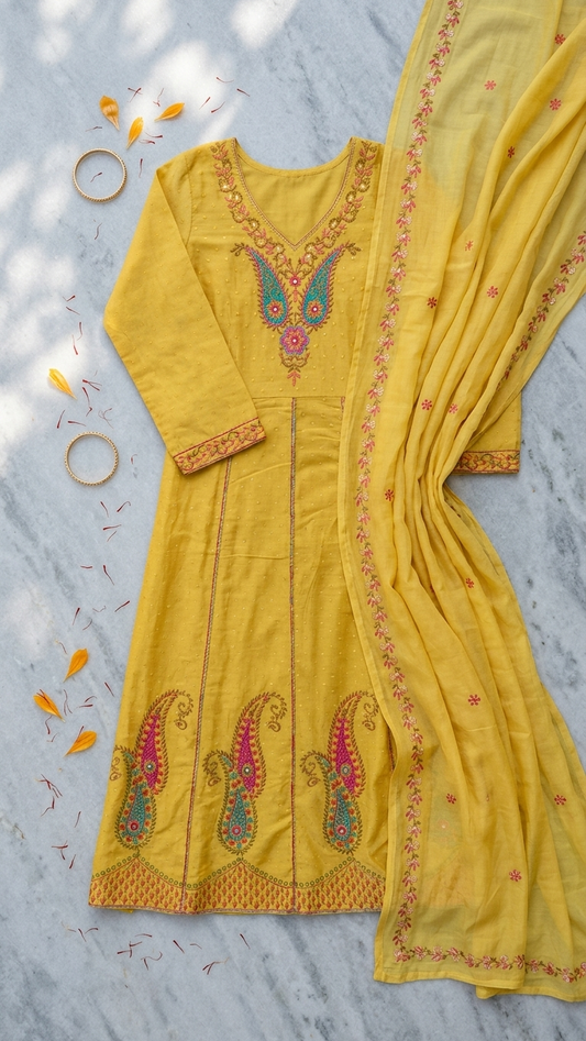 Yellow Anarkali 3-Piece Suit with Ethnic Thread Embroidery and Mul Dupatta