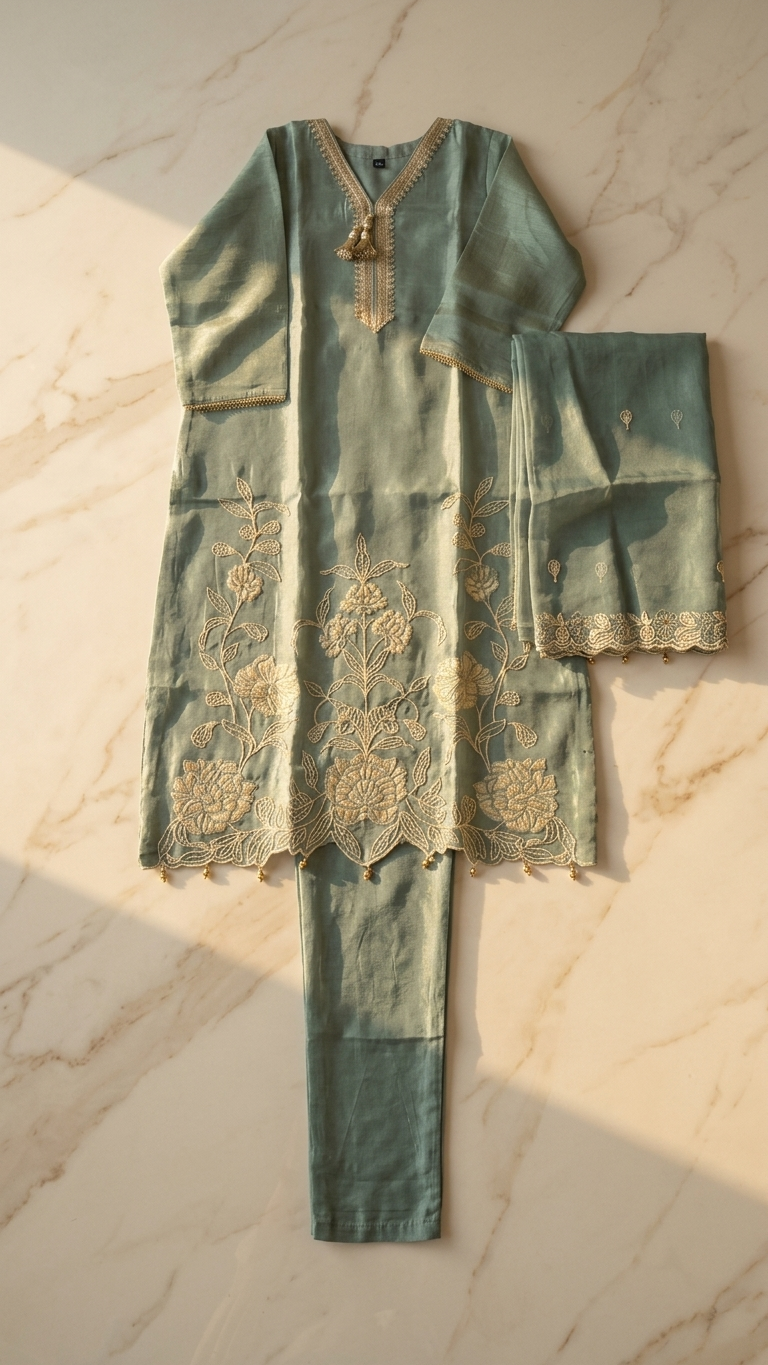 Dusty Blue Embroidered 3-Piece Kurta Set with Dupatta | FestiTrend