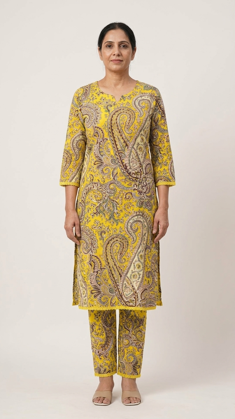 Mustard Yellow Paisley Print Kurta Set for Women | Bright Festive Ethnic Wear