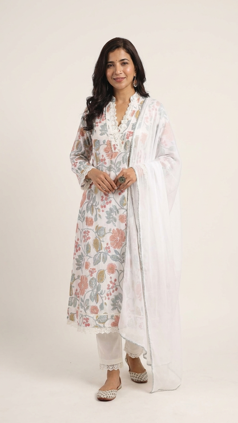 White Floral Cotton 3-Piece Kurta Set with Dupatta – Elegant Summer Ethnic Wear