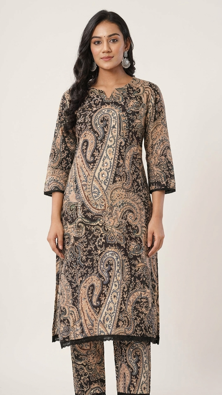 Black Paisley Print Kurta Set for Women | Elegant Traditional Ethnic Outfit