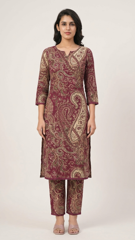 Maroon Paisley Print Kurta Set for Women | Traditional Ethnic Co-Ord Set
