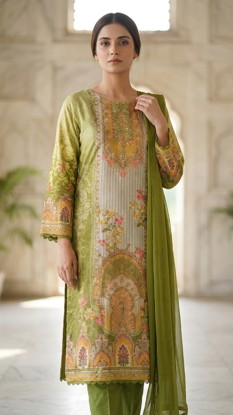 Chinon Silk 3-Piece Indian Suit with Sequins Dupatta