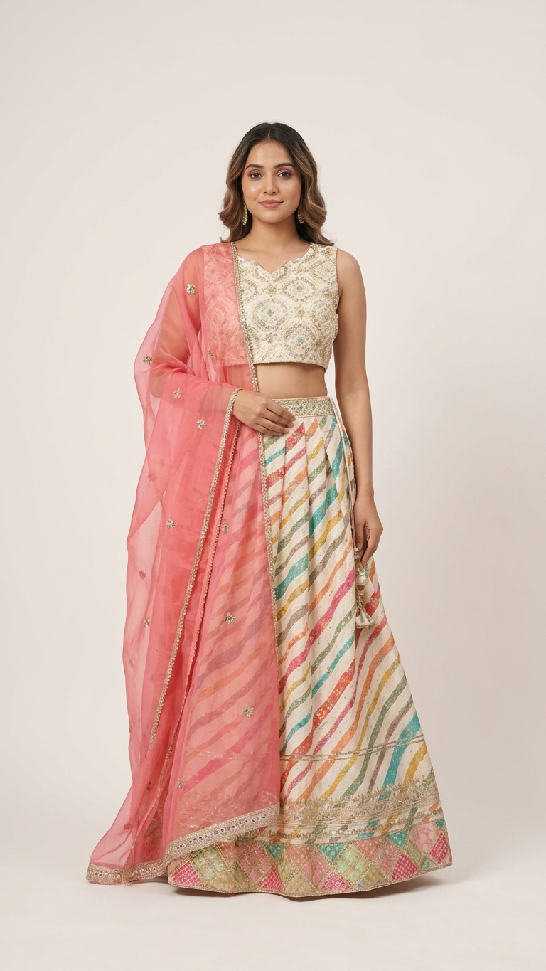 Ensemble Lehenga léger avec choli à sequins sans manches et dupatta en tulle doublé de Gota