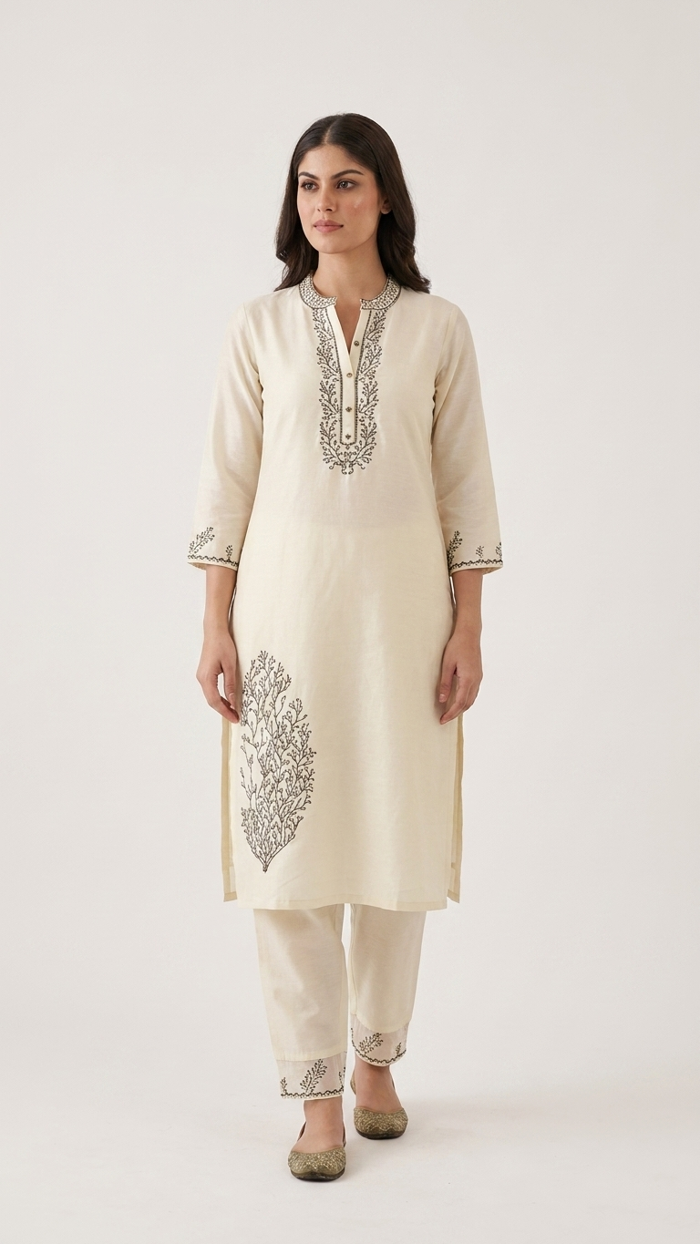Ensemble 3 pièces en soie russe blanc cassé avec broderie noire et dupatta en organza