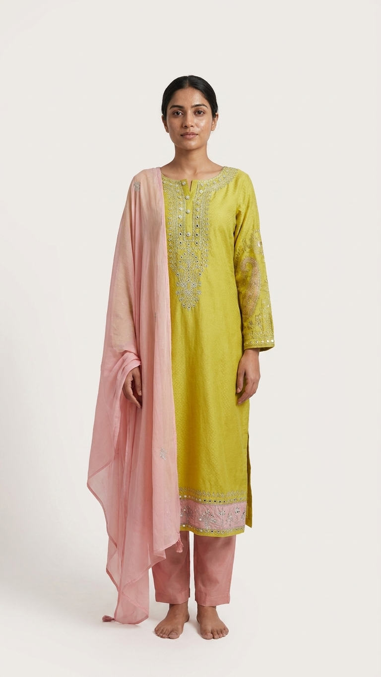 Vibrant Yellow Cotton 3-Piece Suit with Exquisite Detailing and Pastel Peach Dupatta & Bottom