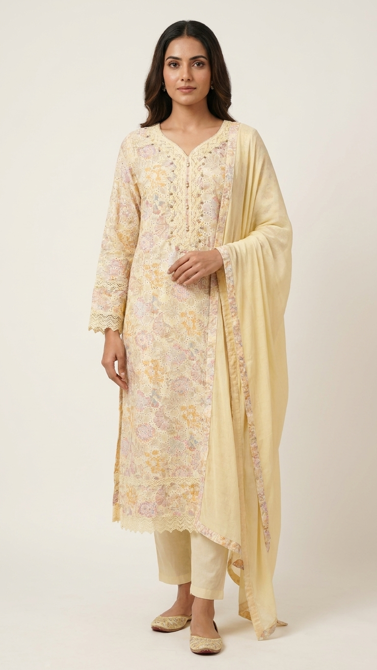 Cotton 3-Piece Suit in Lemon Yellow with Intricate Lace Work