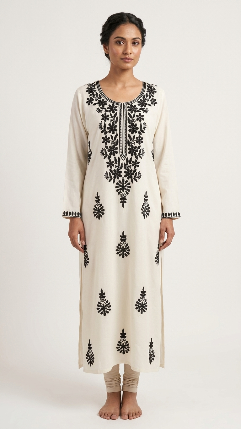 Kurti Premium en Rayonne Chikankari Blanche avec Broderies Contrastantes Faites Main au Fil