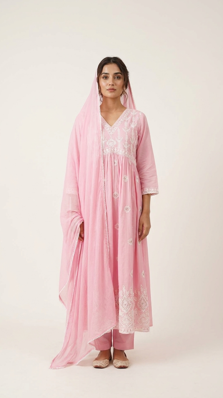 Blush Pink Embroidered Anarkali Suit Set with Chiffon Dupatta | Pakistani Anarkali Dress for Women | Festive, Wedding & Eid Wear