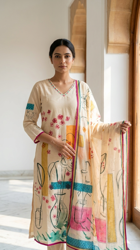 Ensemble trois pièces en coton Khadi peint, disponible en plusieurs coloris