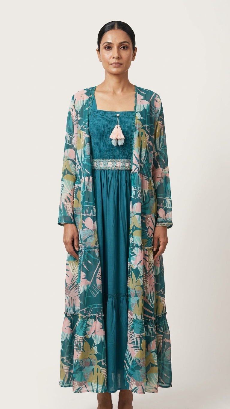 Robe ethnique en georgette 3 pièces avec broderie complexe