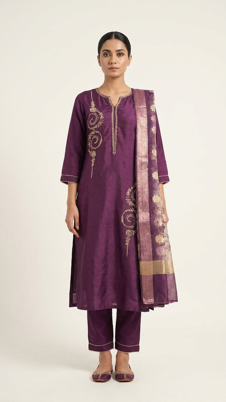 Silk Blend 3-Piece Suit in Purple with Gold Tone Embroidery and Floral Tissue Dupatta