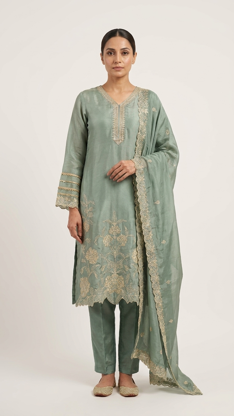 Dusty Blue Embroidered 3-Piece Kurta Set with Dupatta | FestiTrend