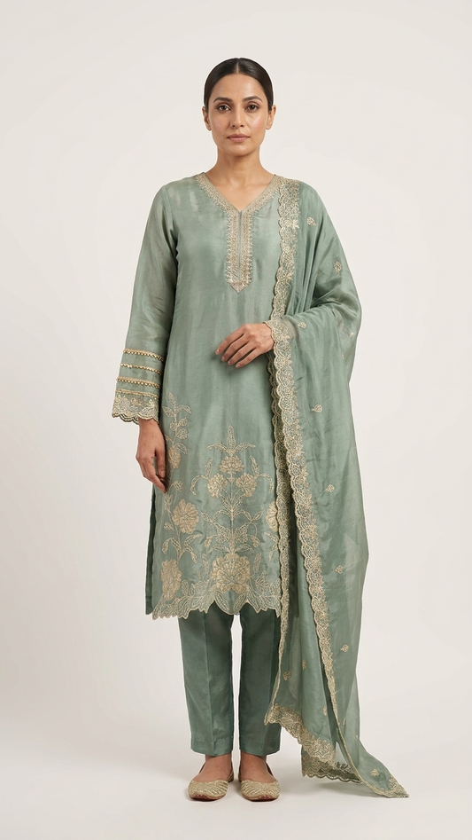 Dusty Blue Embroidered 3-Piece Kurta Set with Dupatta | FestiTrend
