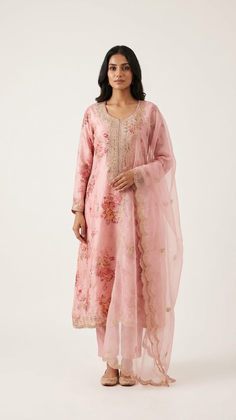 Ensemble 3 pièces en soie allemande couleur pêche avec motif floral et perles exquises – Tenue de fête élégante