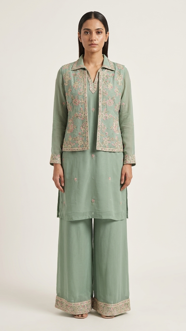 Sage Green 3-Piece Fusion Kurta Set with Embroidered Jacket & Wide-Leg Pants | Festive & Party Wear