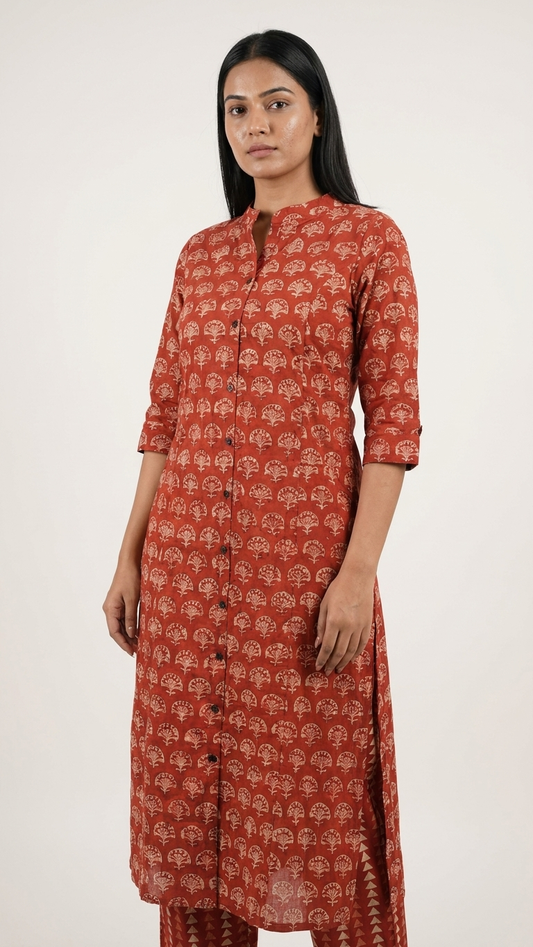 Women's Rust Orange Printed Cotton Kurta Set with Straight Pants | Casual Ethnic Wear | Indian Kurti Set