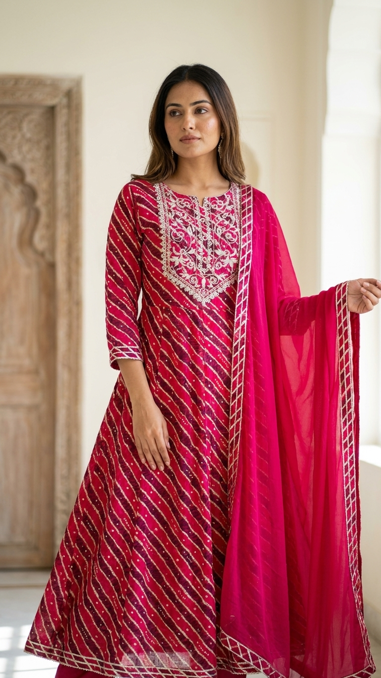 Magenta Leheriya Embroidered Anarkali Suit Set with Dupatta | Festive & Wedding Wear