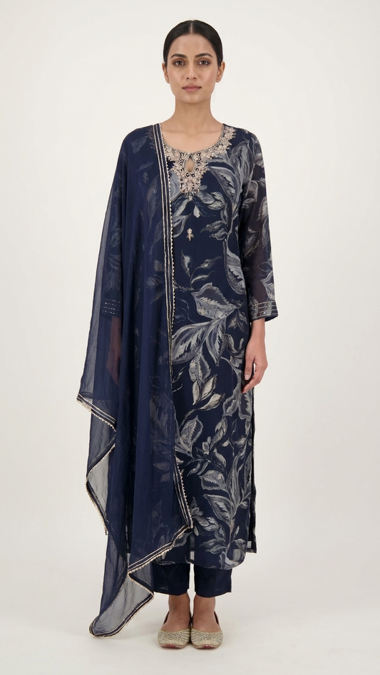 Costume 3 pièces en mélange de crêpe de coton noir avec broderie dabka sur l'empiècement du col