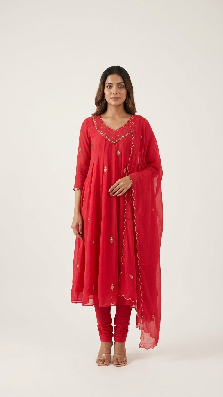 Hot Pink Chinnon Silk 3-Piece Kurta Set with Gold Embroidery & Scalloped Dupatta