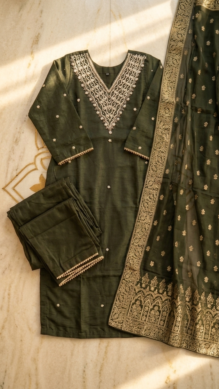 Chinon Silk Dabka Work 3 Piece Suit in Green
