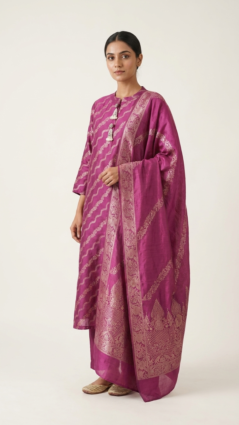 Ensemble 3 pièces en mélange de coton et de soie, rose avec tissage doré