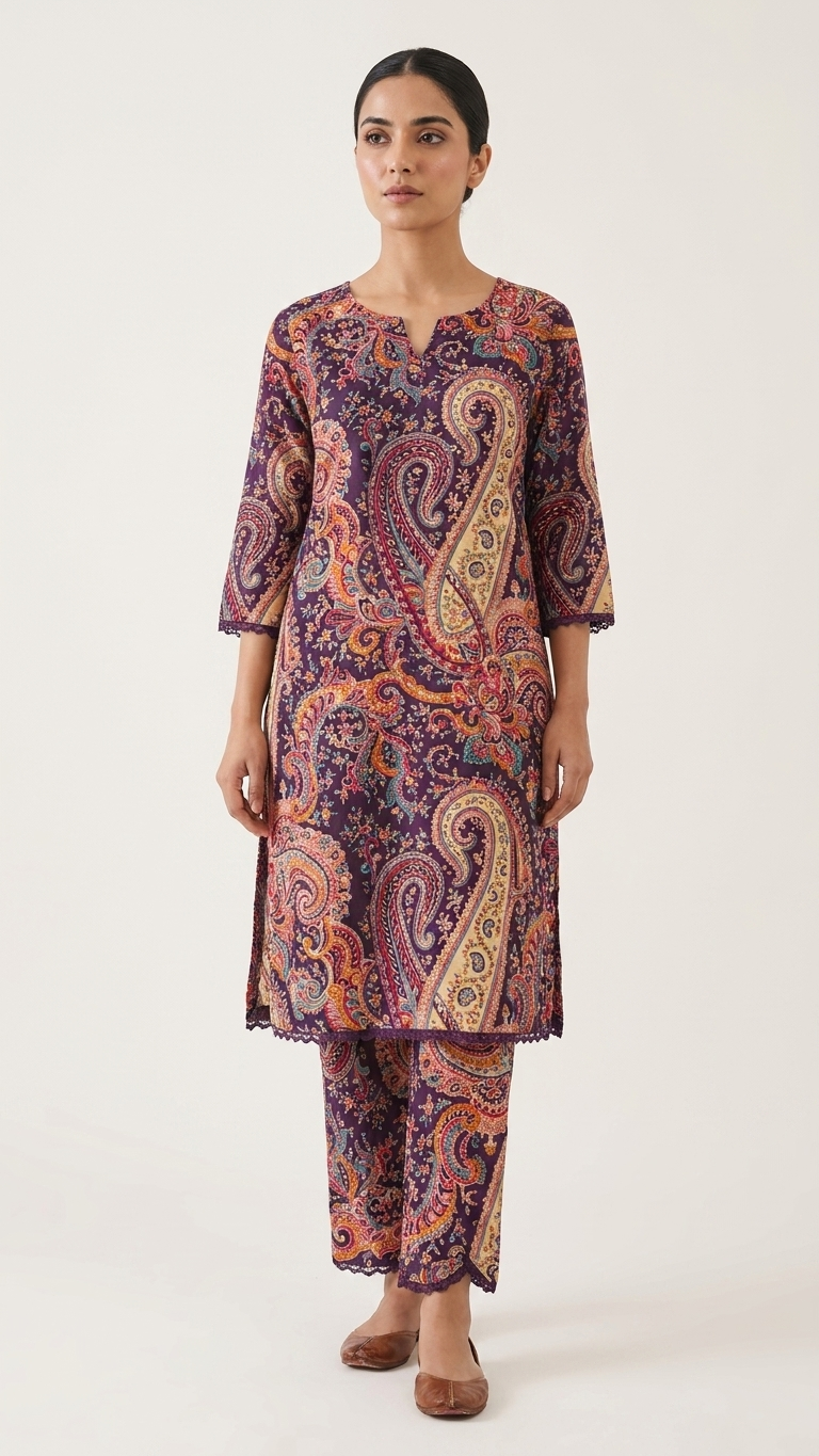 Purple Multicolor Paisley Print Kurta Set for Women | Traditional Ethnic Co-Ord Outfit