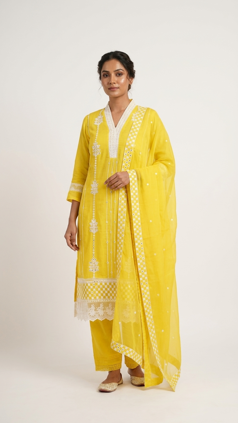 Costume 3 pièces en organza pur jaune avec broderies et détails en dentelle
