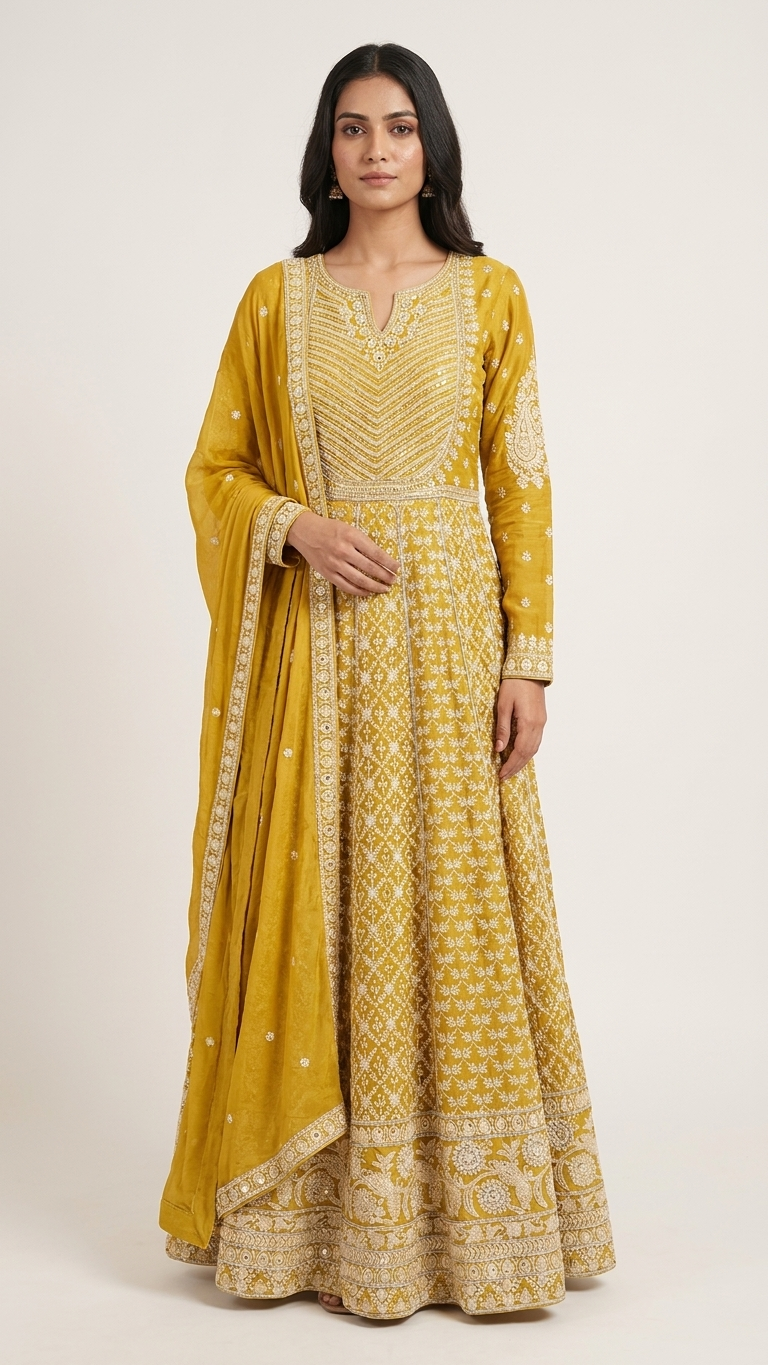 Mustard Yellow Embroidered Long Gown with Dupatta | Indian Wedding Gown | Festive Ethnic Wear for Women