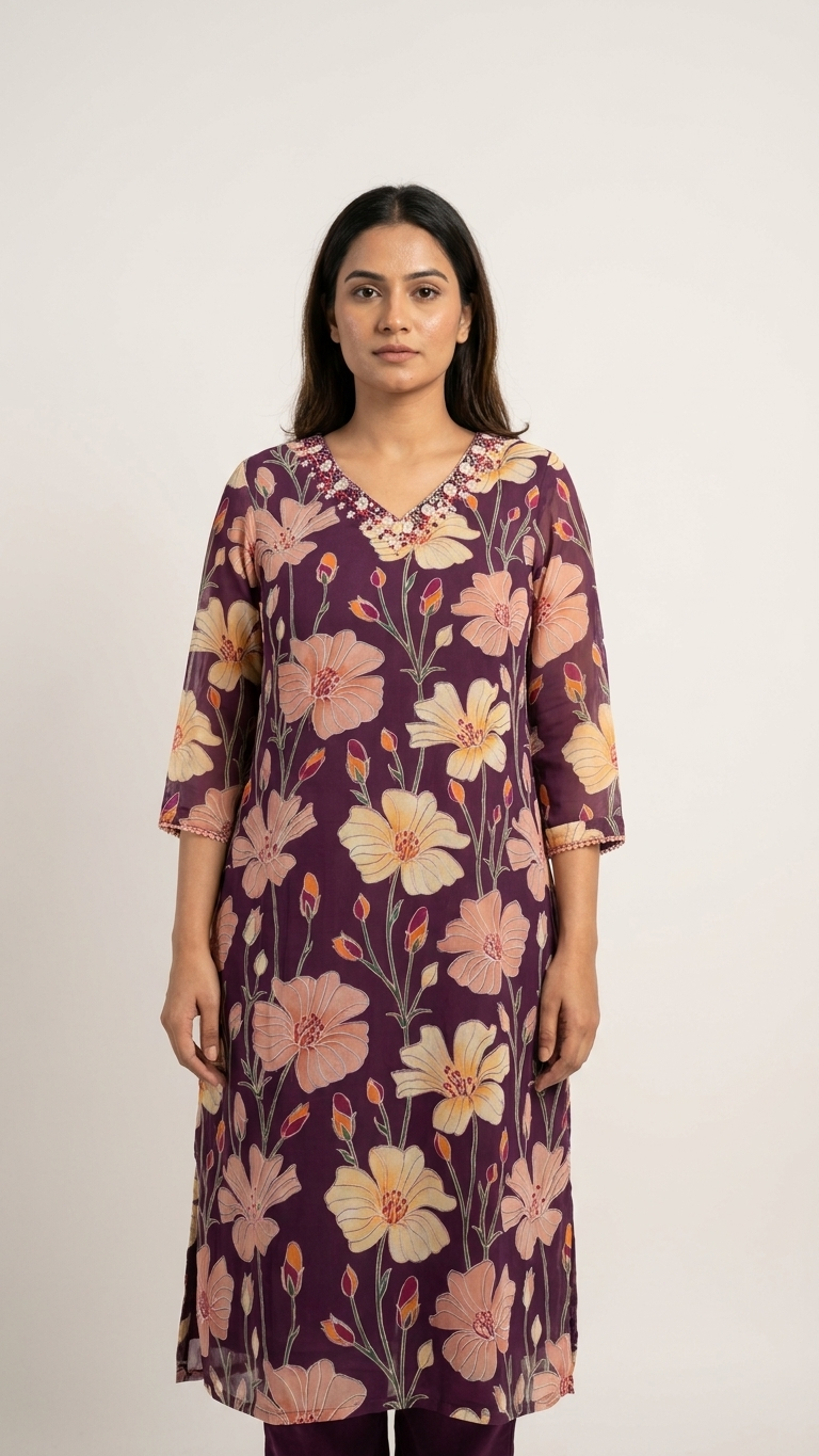 Ensemble coordonné floral violet avec pantalon palazzo