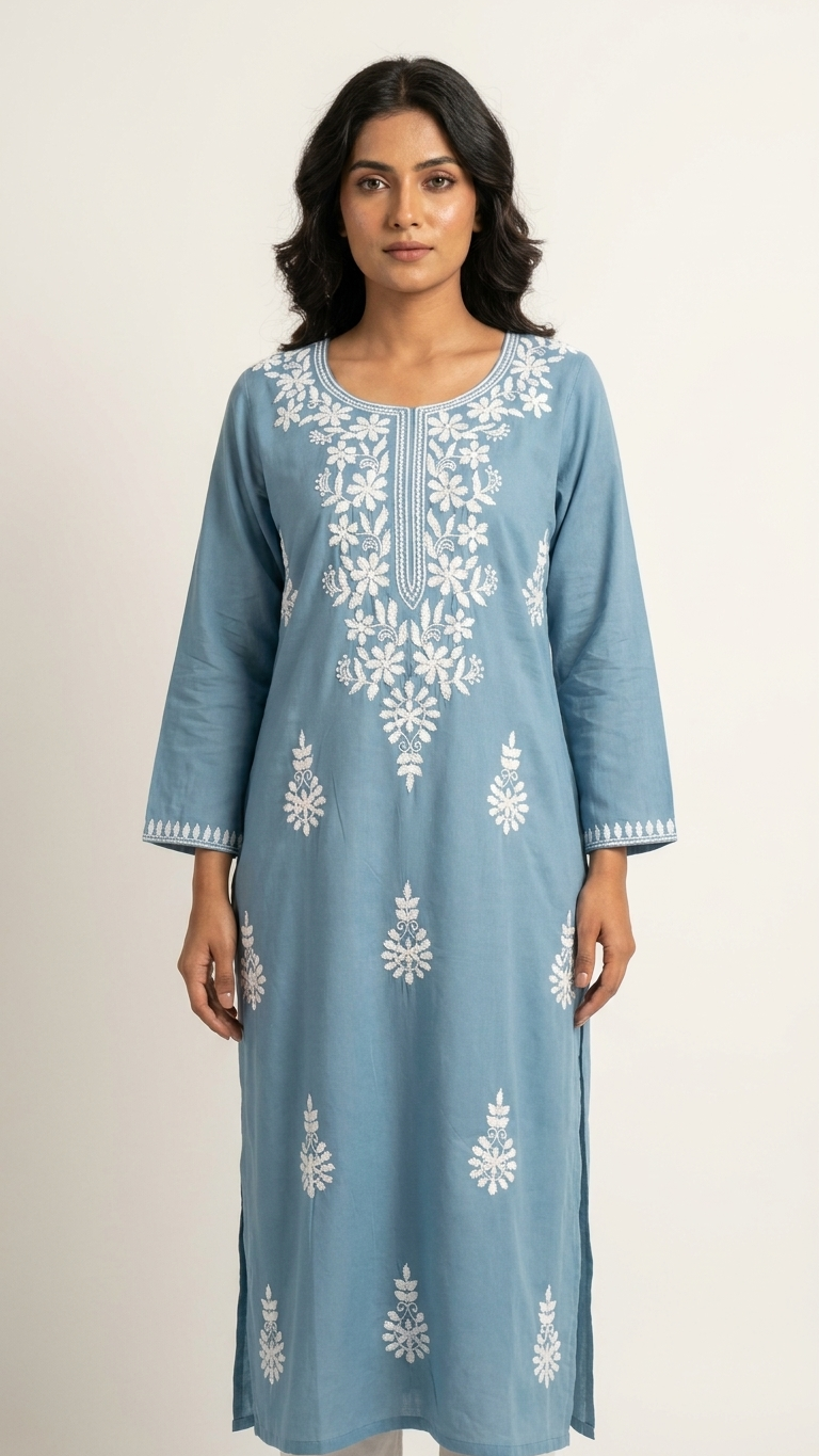 Kurti en rayonne Chikankari haut de gamme bleue avec broderie contrastée faite à la main