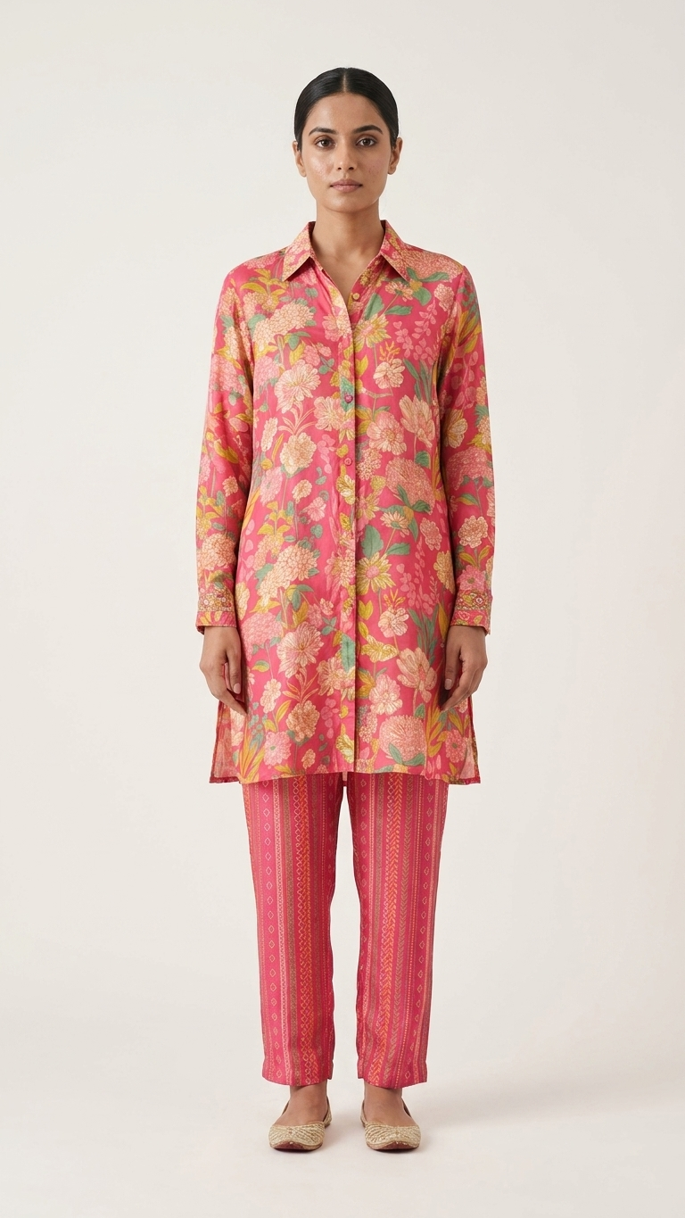 Ensemble coordonné rose imprimé numérique floral boutonné avec manches brodées et pantalon imprimé