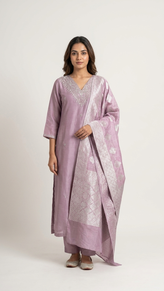 Chinon Silk 3-Piece Suit in Lilac with Silver Embellishments and Silver Weaved Dupatta - Festive Wear