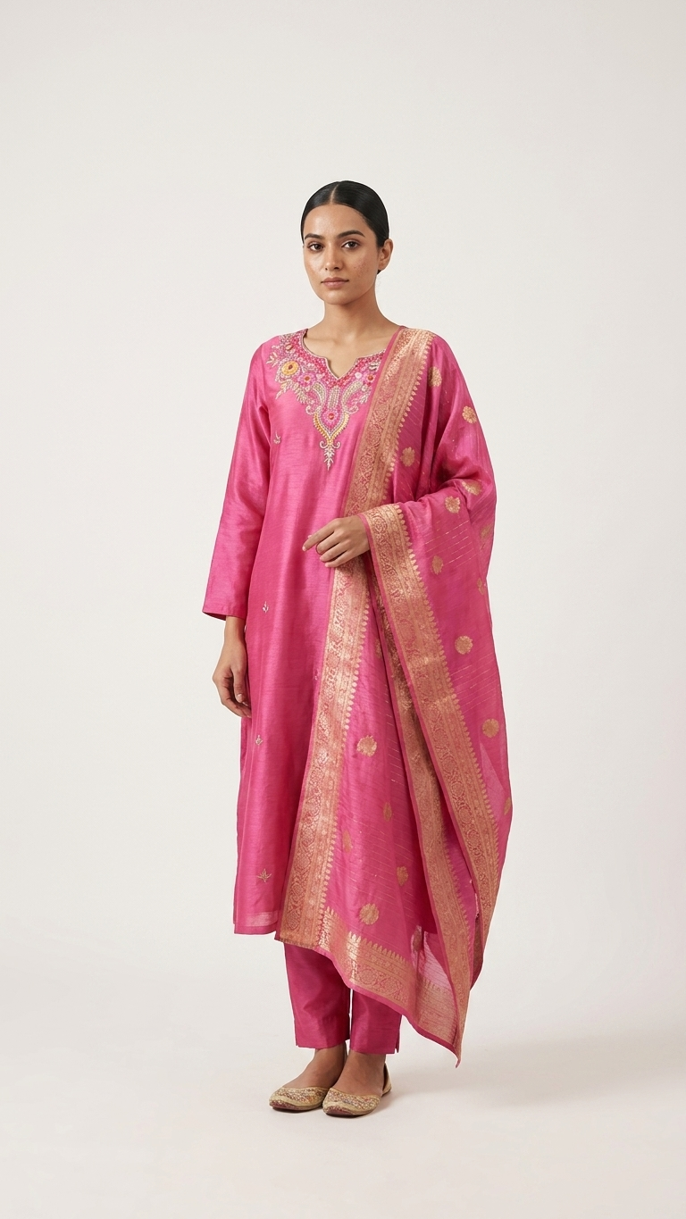 Chinnon Silk Kurta Set with Banarasi Dupatta – 3 Piece Festive Ethnic Wear for Women