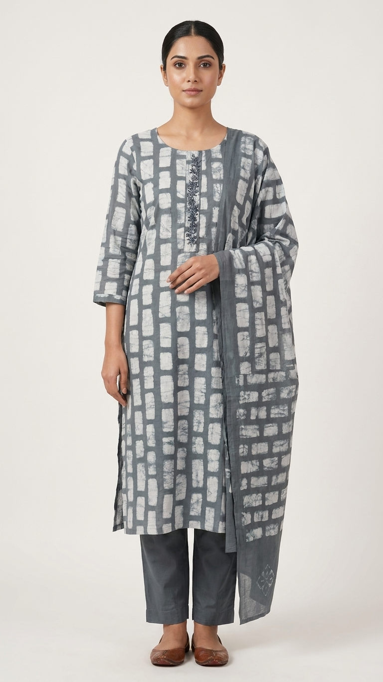 Batik Cotton Silk 3-Piece Kurta Set in Stone Grey