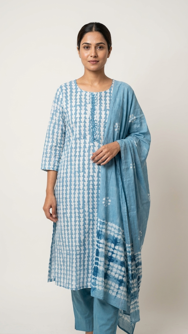 Batik Cotton Silk 3-Piece Kurta Set in Blue