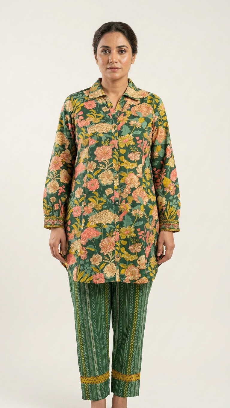 Ensemble coordonné boutonnée imprimé numérique floral vert avec pantalon orné de dentelle au crochet