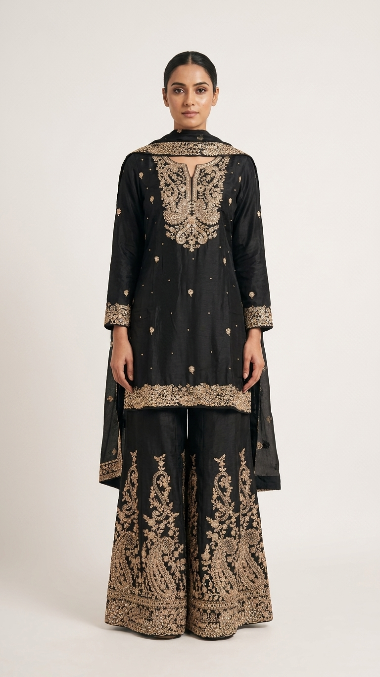 Black Embroidered Sharara Suit Set for Women | 3-Piece Pakistani Indian Wedding & Party Wear
