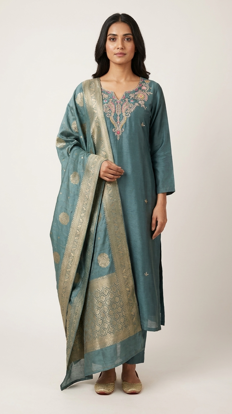 Chinnon Silk Kurta Set with Banarasi Dupatta – 3 Piece Festive Ethnic Wear for Women