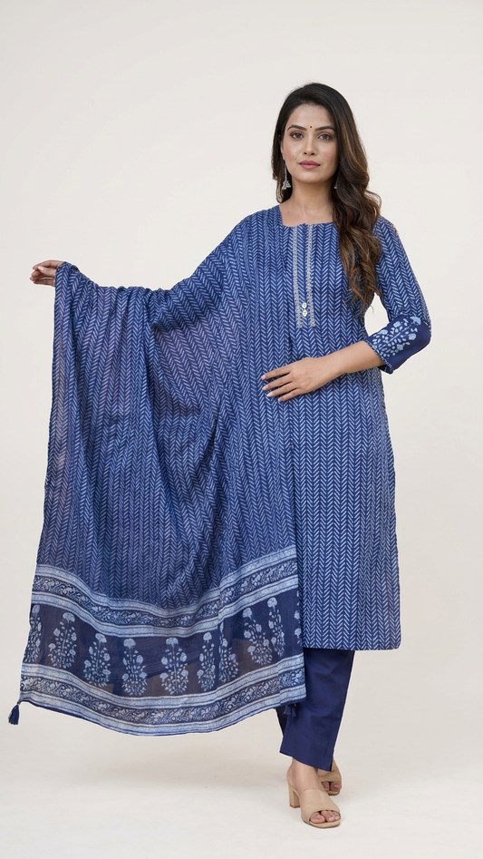 Élégant costume trois pièces en pur coton indigo