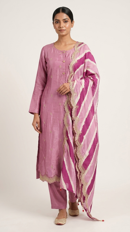 Ensemble de kurta 3 pièces en soie Chinnon Mauve avec broderies argentées faites à la main