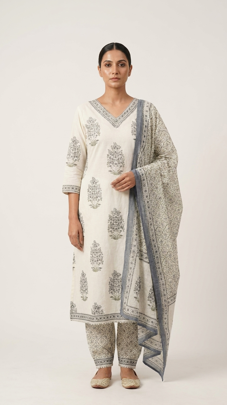 Cotton Minimalist 3-Piece Suit in White and Teal