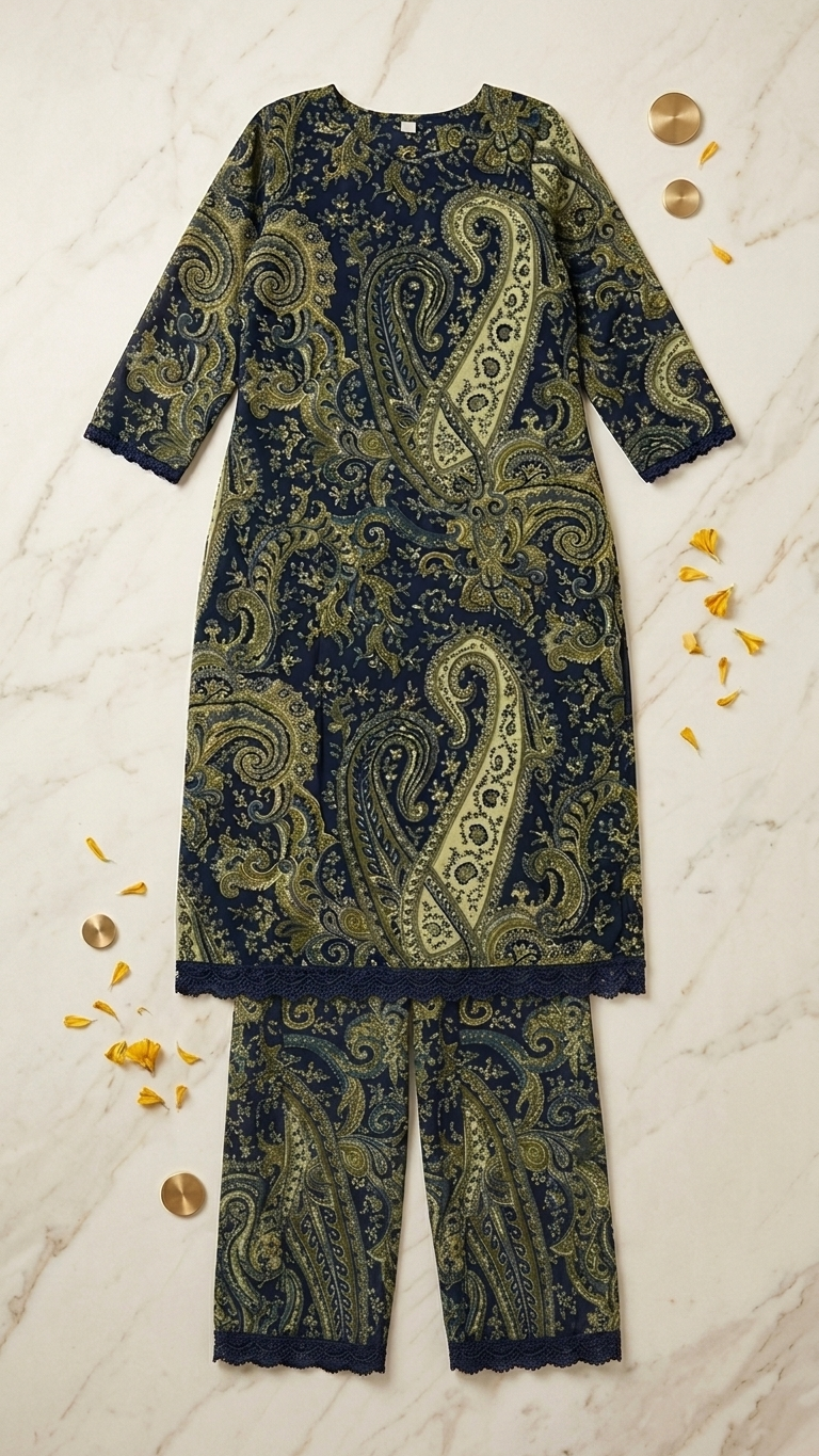 Navy Blue Paisley Print Cotton Blend Kurta Set for Women | Elegant Ethnic Co-Ord Set