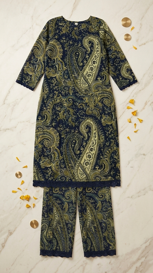 Navy Blue Paisley Print Cotton Blend Kurta Set for Women | Elegant Ethnic Co-Ord Set
